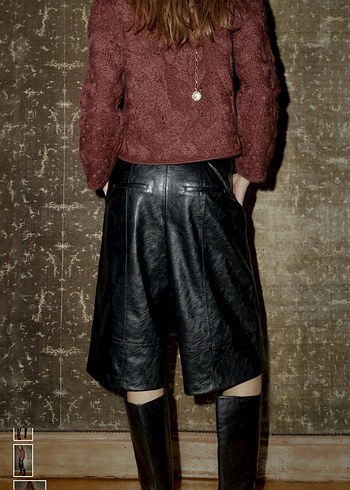 Kadın Siyah Deri bermuda pantolon - Görsel 4