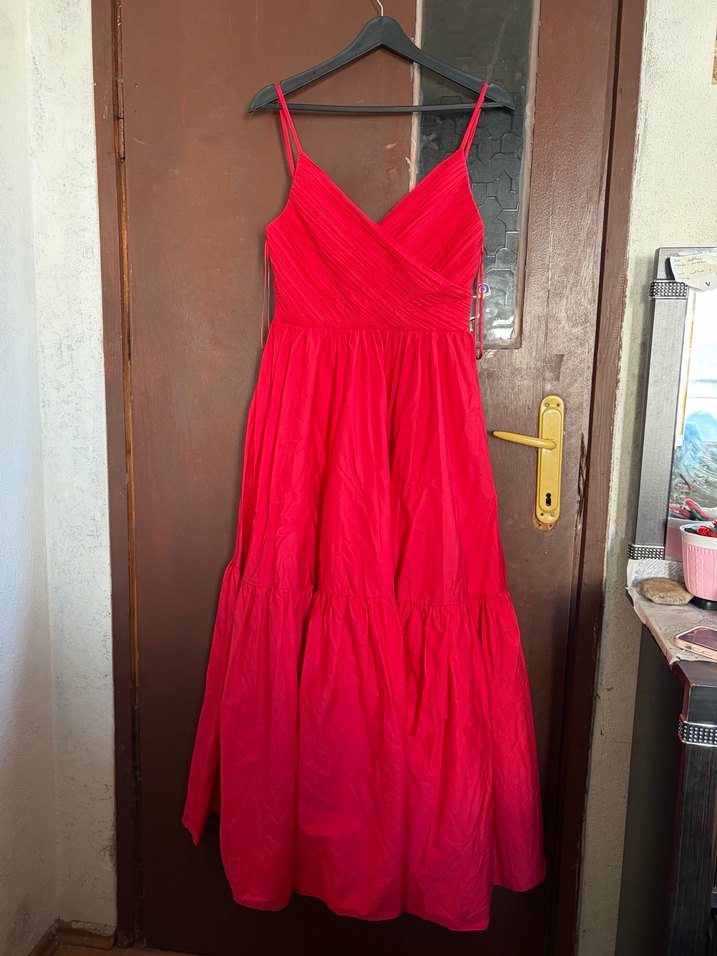 ADL Kırmızı Drapeli Uzun Askılı Elbise - Görsel 2