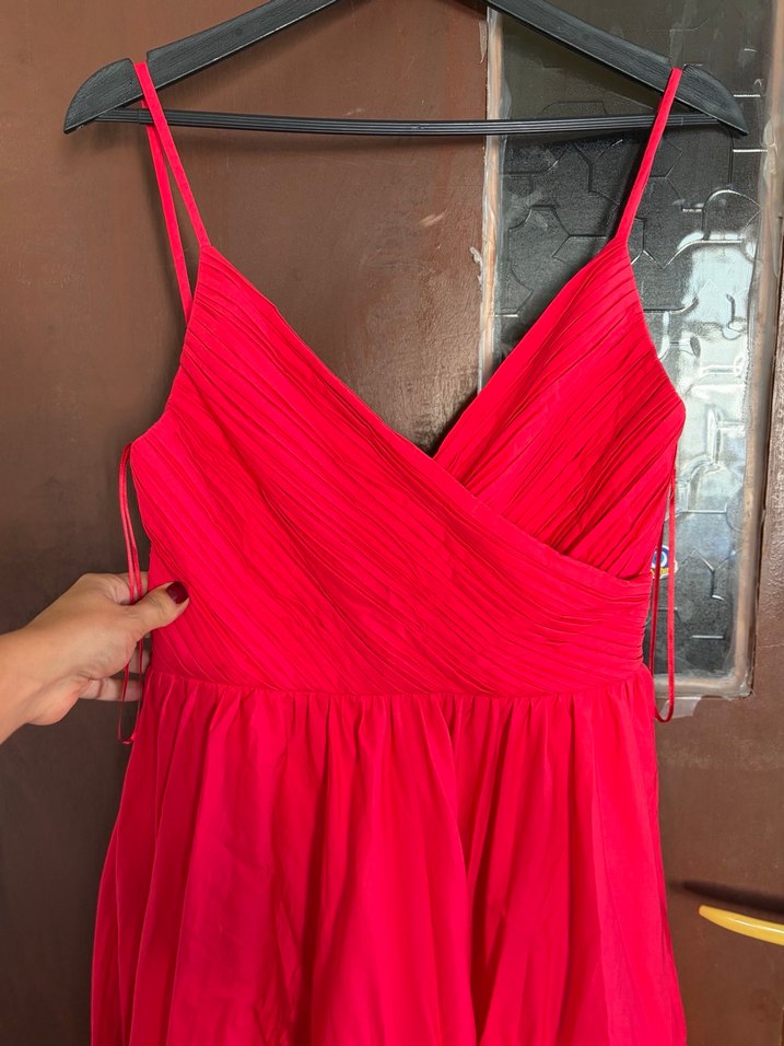 ADL Kırmızı Drapeli Uzun Askılı Elbise - Görsel 5