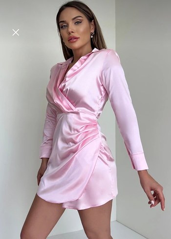 Pembe Saten Mini Elbise V Yakalı Drapeli - Görsel 2