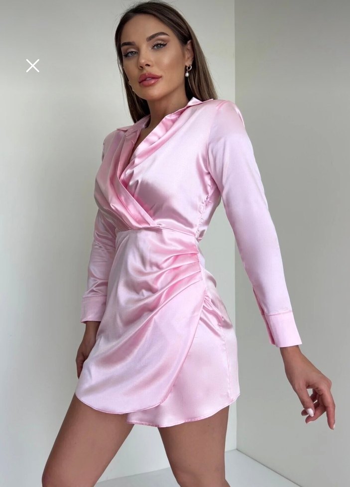 Pembe Saten Mini Elbise V Yakalı Drapeli - Görsel 2