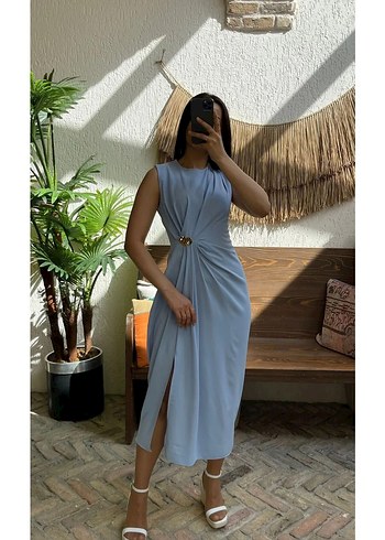 Mavi Drapeli Kolsuz Uzun Elbise - Görsel 2