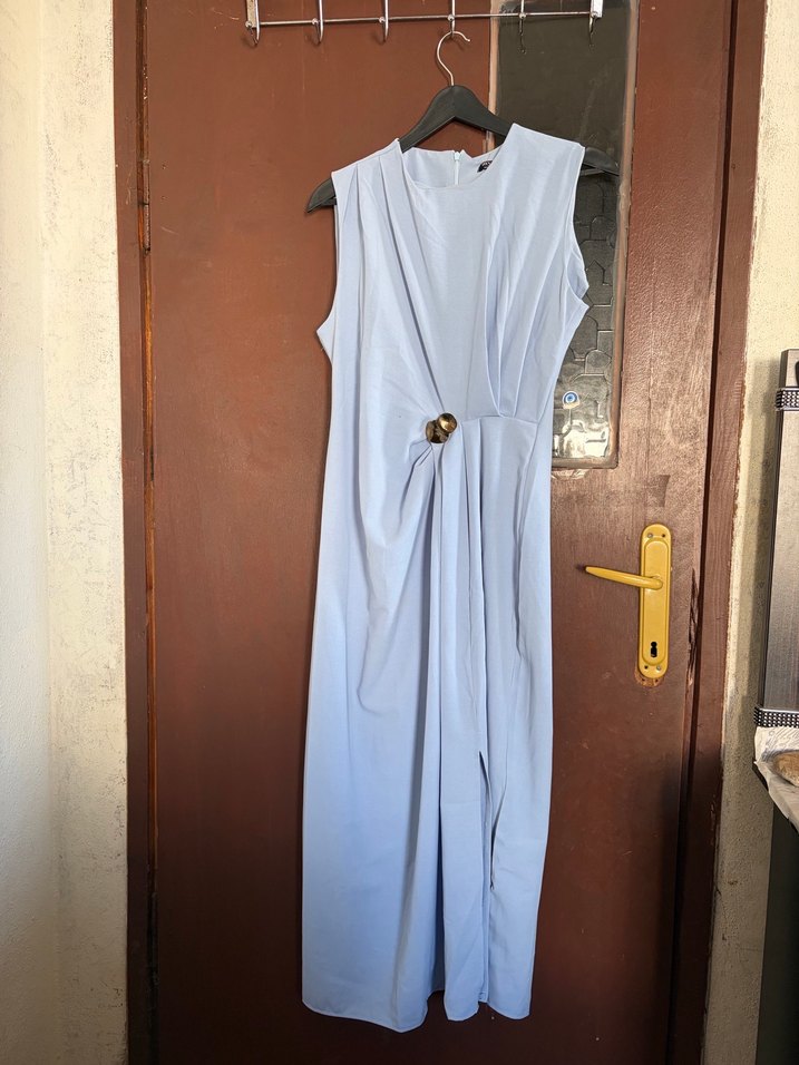 Mavi Drapeli Kolsuz Uzun Elbise - Görsel 3