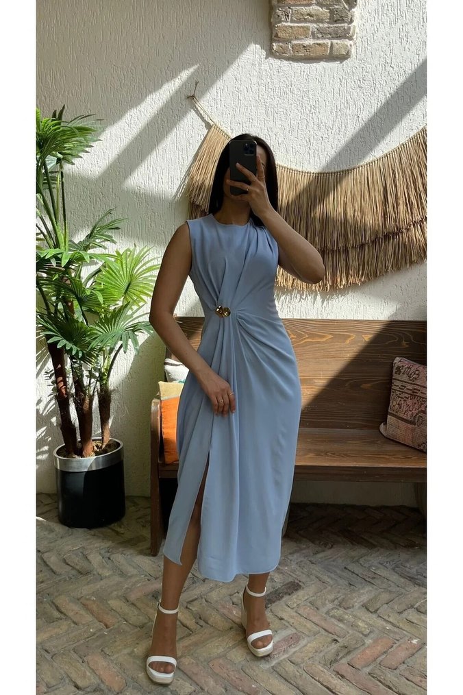 Mavi Drapeli Kolsuz Uzun Elbise - Görsel 2