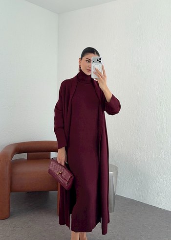 Bordo Hırka Elbise Triko Takım - Görsel 4