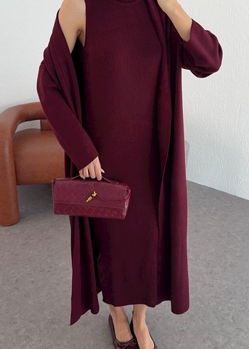 Bordo Hırka Elbise Triko Takım - Görsel 3