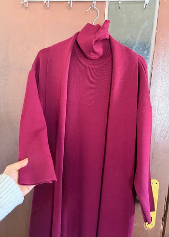 Bordo Hırka Elbise Triko Takım - Görsel 8