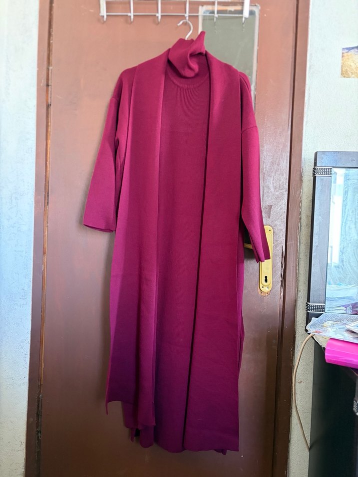 Bordo Hırka Elbise Triko Takım - Görsel 5