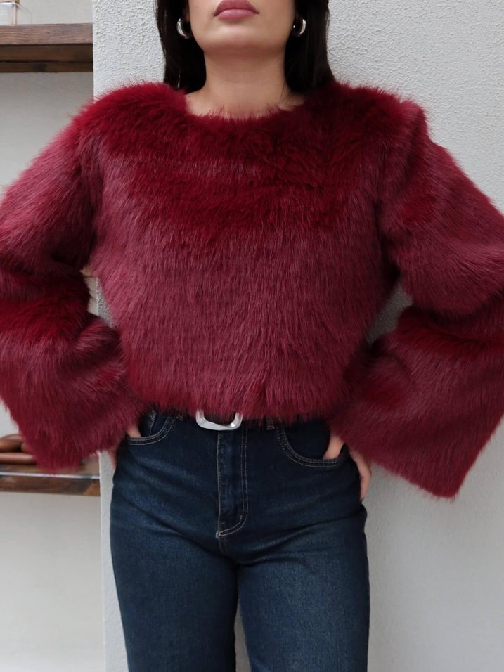 Bordo Kürk Kazak - Görsel 2