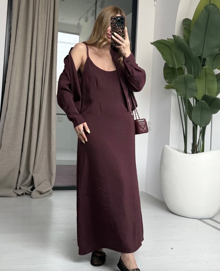 Bordo Elbise Gömlek Takım - Görsel 2