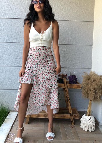 Beyaz Çiçek Desenli Uzun Etek - Görsel 2