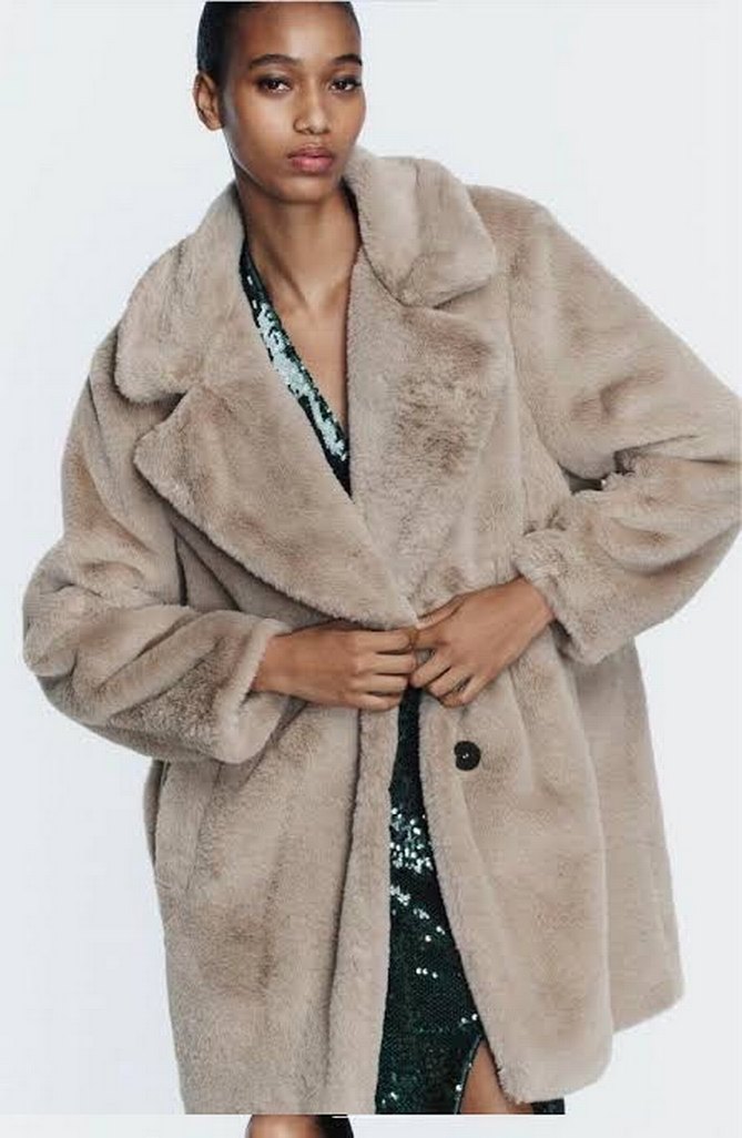 Zara Bej Kadın Peluş Kaban Notch Yaka - Görsel 3