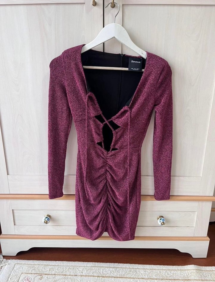 Bershka Parıltılı Drapeli V Yaka Mini Elbise - Görsel 2