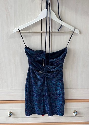 Pull and Bear Lacivert Drapeli Straplez Elbise - Görsel 2