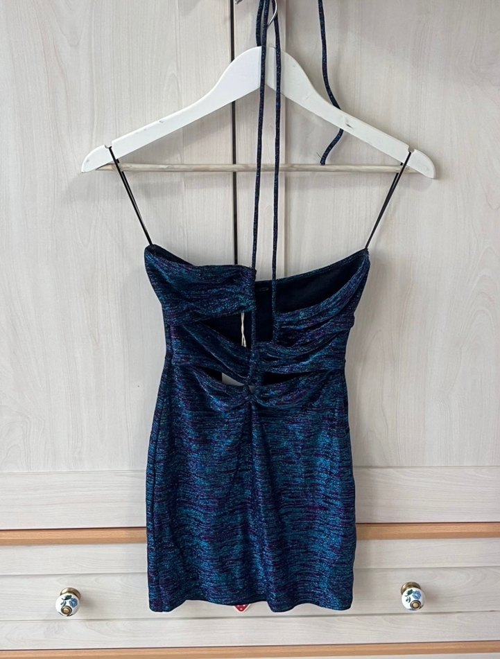 Pull and Bear Lacivert Drapeli Straplez Elbise - Görsel 2