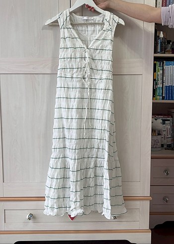 Mango Kadın Yeşil Çizgili Beyaz Uzun Askılı Elbise - Görsel 2