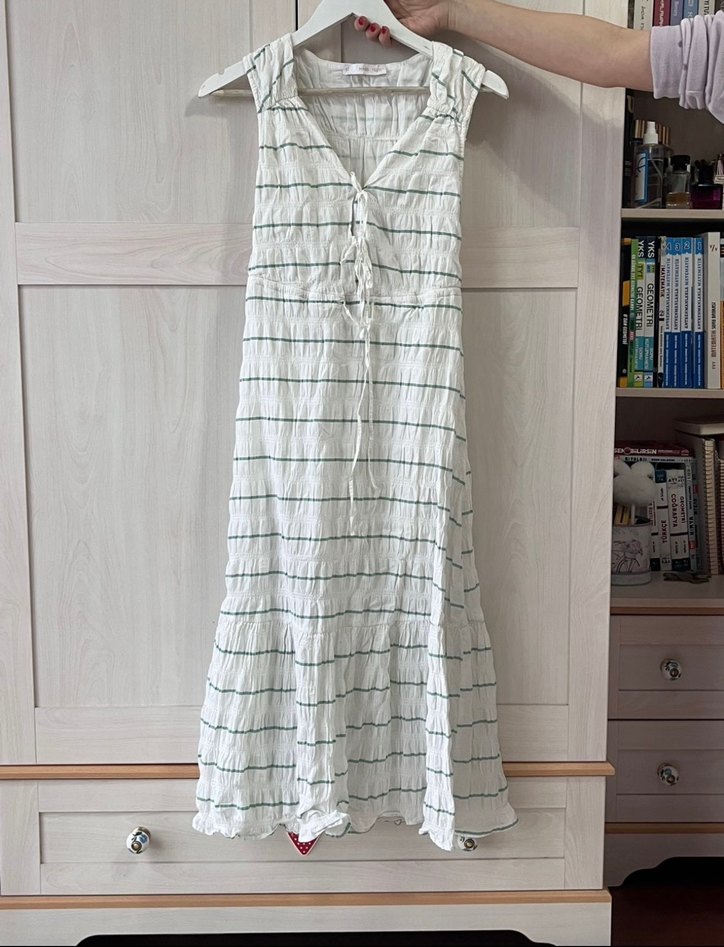 Mango Kadın Yeşil Çizgili Beyaz Uzun Askılı Elbise - Görsel 2