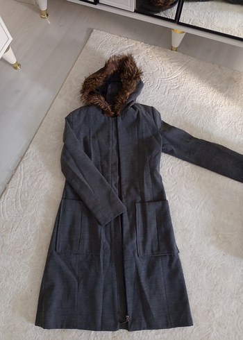 Gri Uzun Kadın Kaban, Kürk Detaylı - Görsel 7