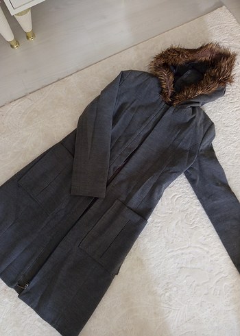 Gri Uzun Kadın Kaban, Kürk Detaylı - Görsel 5