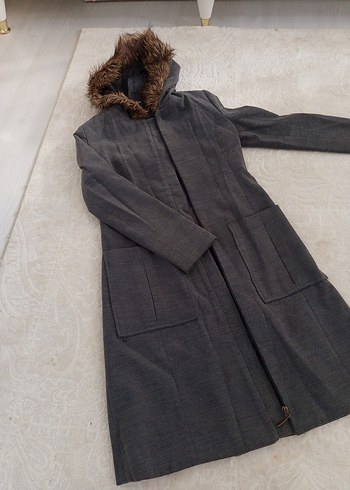 Gri Uzun Kadın Kaban, Kürk Detaylı - Görsel 6
