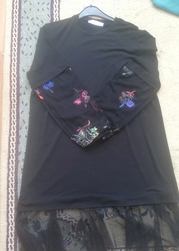 42 Beden siyah Renk Setrms Uzun Kollu, İşlemeli Siyah Gotik Tunik