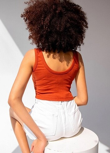 s Beden turuncu Renk Fitilli Askılı Crop Top Bluz