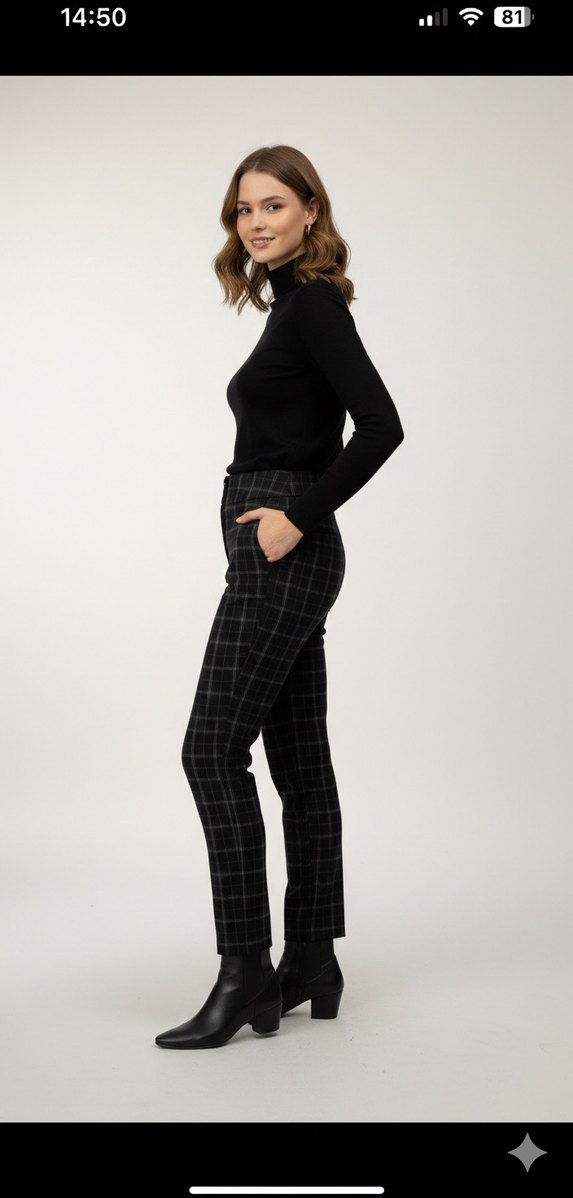 Kemerli Gri Ekose Kumaş Kadın Pantolon - Görsel 2