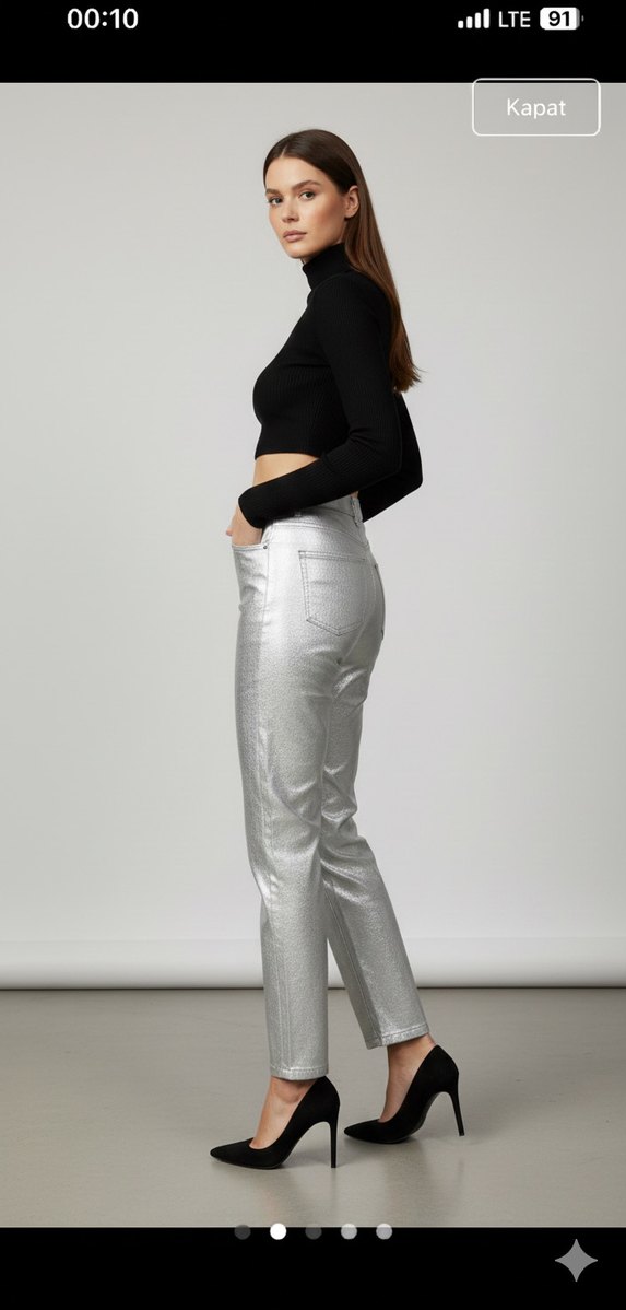 Gri Metalik Düğmeli Kadın Jean - Görsel 2