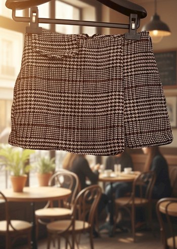 Kahverengi Kareli Kemerli Mini Etek şort - Görsel 3