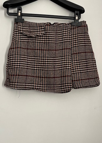 Kahverengi Kareli Kemerli Mini Etek şort - Görsel 4