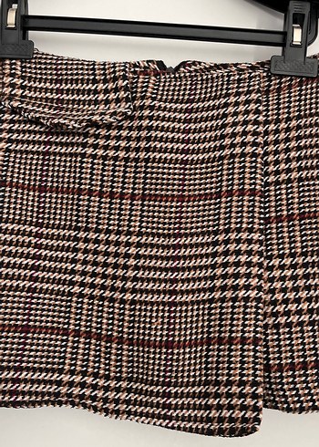 Kahverengi Kareli Kemerli Mini Etek şort - Görsel 6