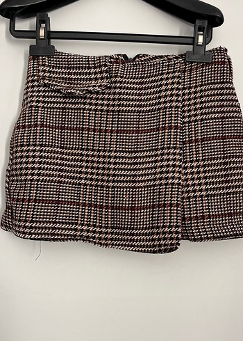 Kahverengi Kareli Kemerli Mini Etek şort - Görsel 5