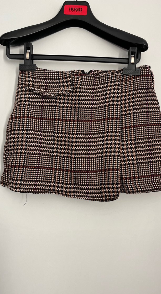 Kahverengi Kareli Kemerli Mini Etek şort - Görsel 5