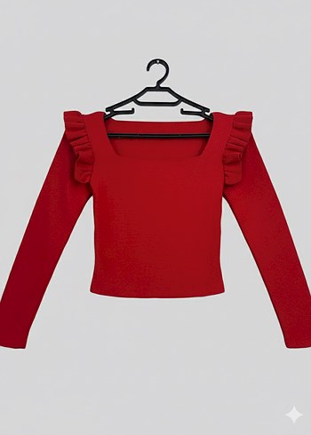 Kırmızı Fırfırlı Uzun Kollu Mini Bluz - Görsel 2
