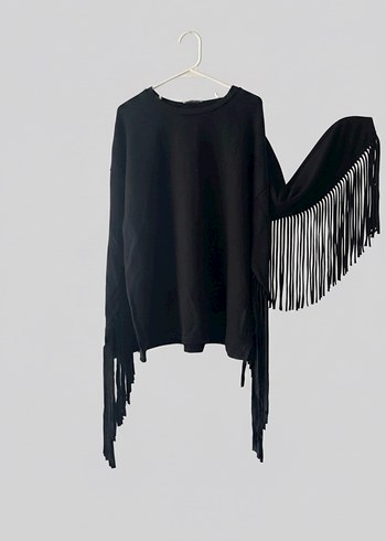 Püsküllü Siyah Kadın Poncho - Görsel 3