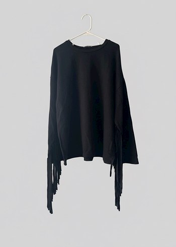 Püsküllü Siyah Kadın Poncho - Görsel 4