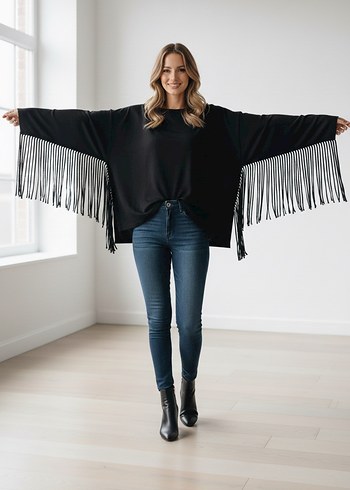 Püsküllü Siyah Kadın Poncho - Görsel 2