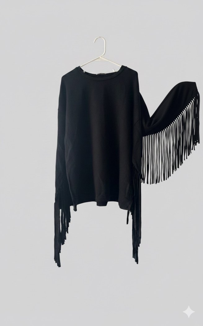 Püsküllü Siyah Kadın Poncho - Görsel 3