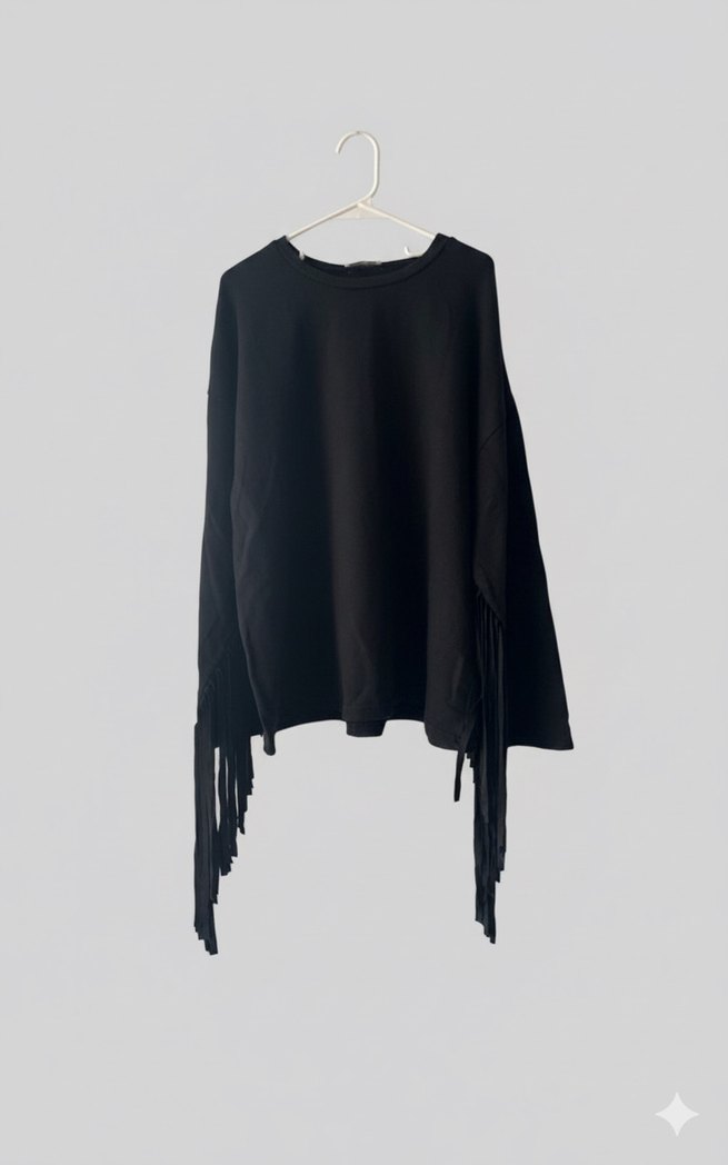 Püsküllü Siyah Kadın Poncho - Görsel 4