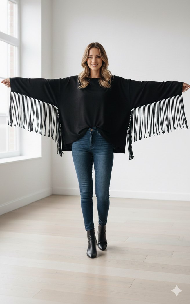 Püsküllü Siyah Kadın Poncho - Görsel 2