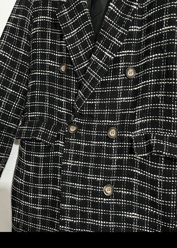 Kadın Siyah Kareli Uzun Düğmeli Kaban - Görsel 2