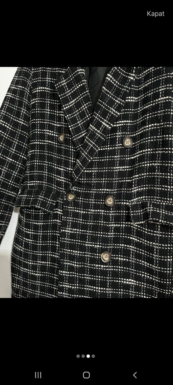 Kadın Siyah Kareli Uzun Düğmeli Kaban - Görsel 2
