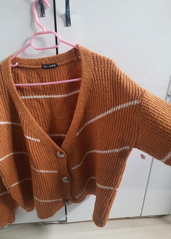 Hafif Kahverengi Örgü V Yaka Salaş Hırka - Görsel 3