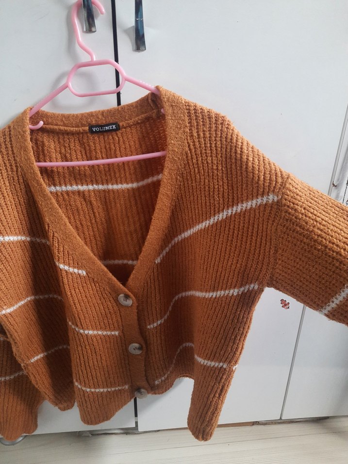 Hafif Kahverengi Örgü V Yaka Salaş Hırka - Görsel 3