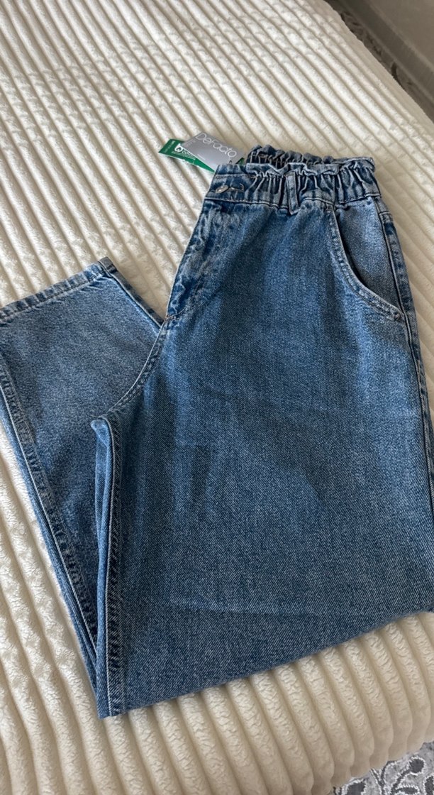 Kadın Mavi Gri Kemerli Rahat Kesim Kot Pantolon - Görsel 5