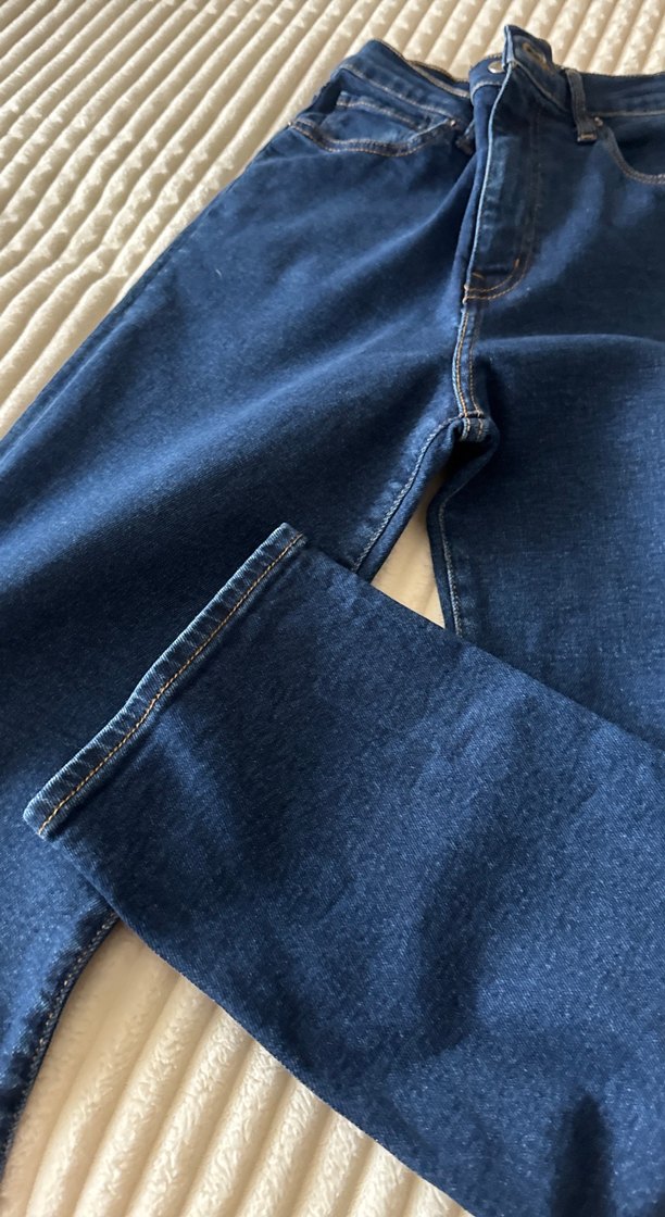 Kadın Parlak Lacivert Kemerli Denim Pantolon - Görsel 5