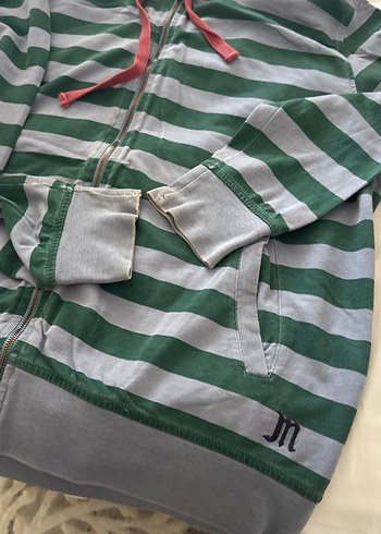 Gri-Yeşil Çizgili Kapüşonlu Fermuarlı hırka - Görsel 2