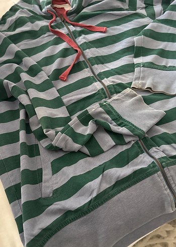 Gri-Yeşil Çizgili Kapüşonlu Fermuarlı hırka - Görsel 5