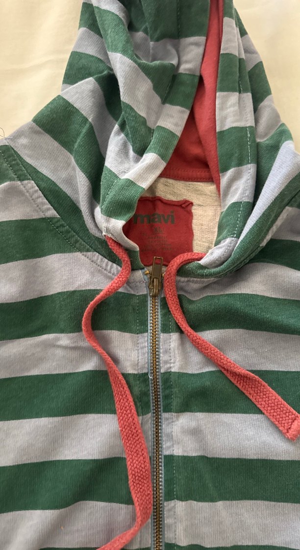 Gri-Yeşil Çizgili Kapüşonlu Fermuarlı hırka - Görsel 3