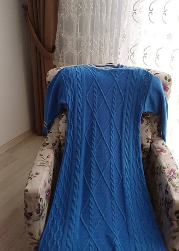Mavi Örgü Kadın Uzun Elbise